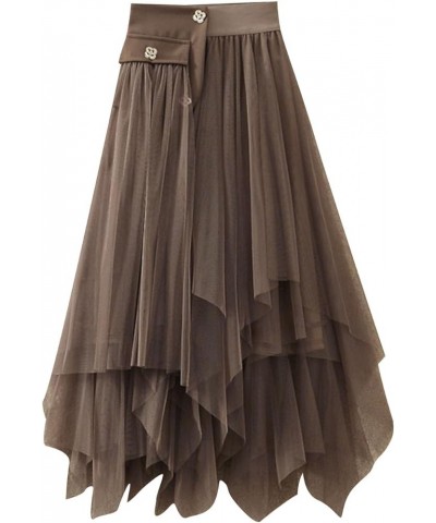 A Line Tiered Long Skirts for Women Tea Length Skirts Layered Midi Tulle Skirt Elastic High Waist Lace Mesh Skirt 8-khaki $10...