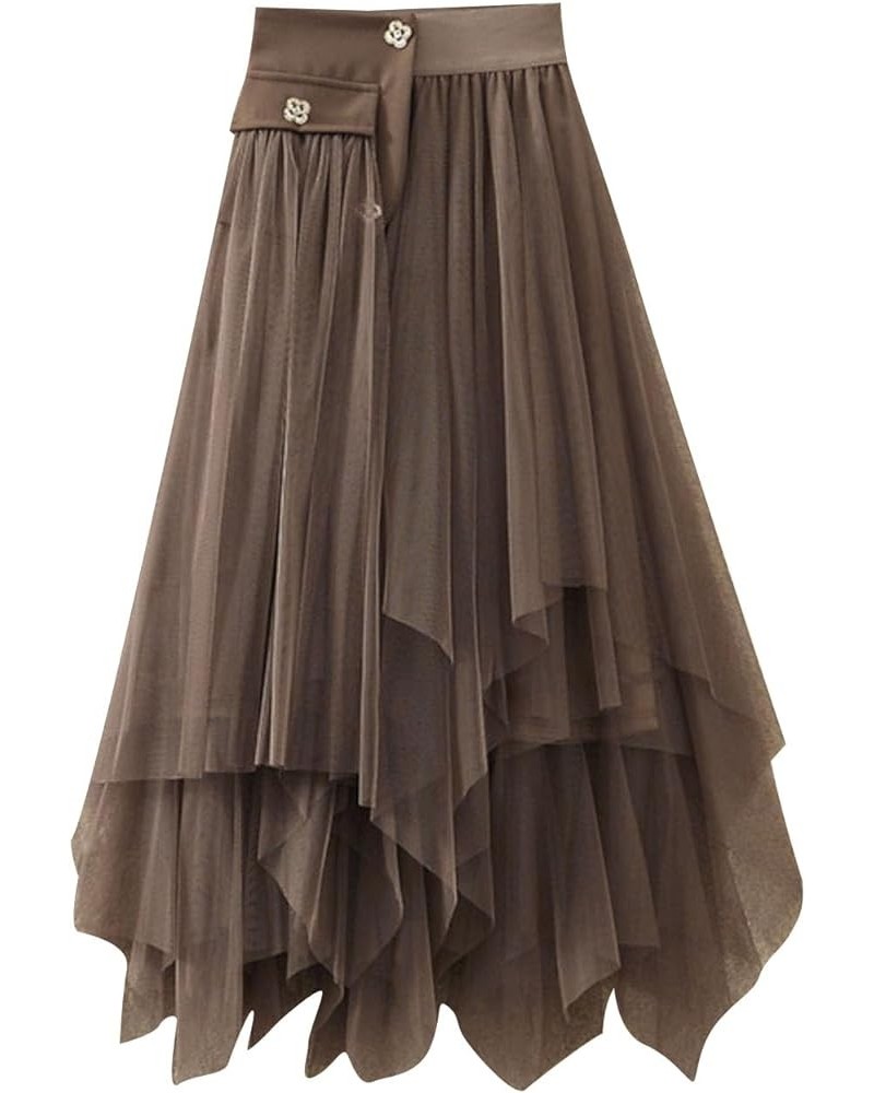 A Line Tiered Long Skirts for Women Tea Length Skirts Layered Midi Tulle Skirt Elastic High Waist Lace Mesh Skirt 8-khaki $10...