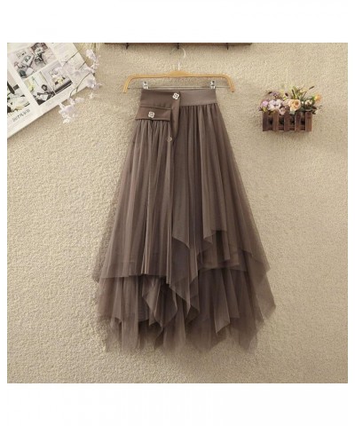 A Line Tiered Long Skirts for Women Tea Length Skirts Layered Midi Tulle Skirt Elastic High Waist Lace Mesh Skirt 8-khaki $10...