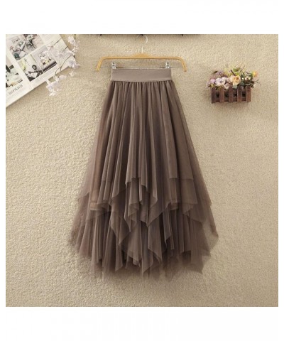 A Line Tiered Long Skirts for Women Tea Length Skirts Layered Midi Tulle Skirt Elastic High Waist Lace Mesh Skirt 8-khaki $10...