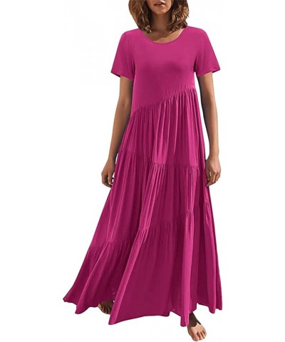 Womens Summer Floral Tiered Maxi Dress Casual Short Sleeve Bohemian Maxi Dress Cute Junior Dresses Hot Pink $9.90 Dresses