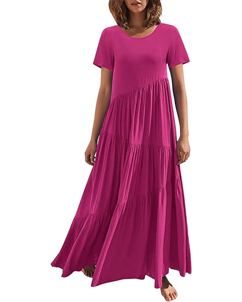 Womens Summer Floral Tiered Maxi Dress Casual Short Sleeve Bohemian Maxi Dress Cute Junior Dresses Hot Pink $9.90 Dresses