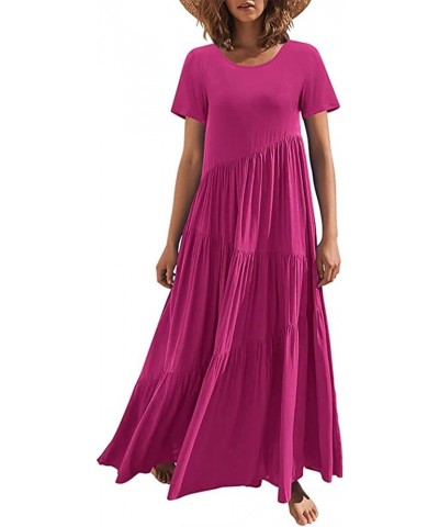 Womens Summer Floral Tiered Maxi Dress Casual Short Sleeve Bohemian Maxi Dress Cute Junior Dresses Hot Pink $9.90 Dresses