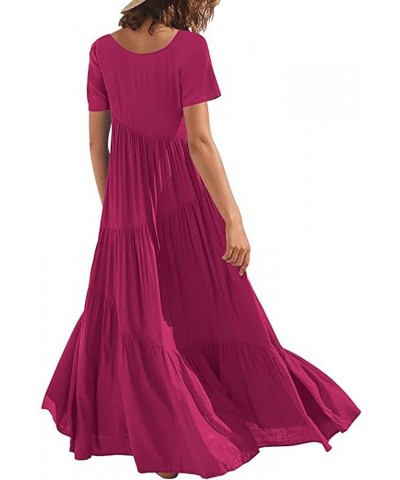 Womens Summer Floral Tiered Maxi Dress Casual Short Sleeve Bohemian Maxi Dress Cute Junior Dresses Hot Pink $9.90 Dresses