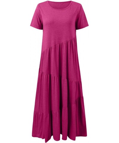 Womens Summer Floral Tiered Maxi Dress Casual Short Sleeve Bohemian Maxi Dress Cute Junior Dresses Hot Pink $9.90 Dresses