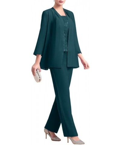 Chiffon 3 Pcs Mother of The Bride Pant Suits Lace Grandmother Formal Evening Wedding Guest Groom Dresses with Jacket Ocean Bl...