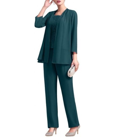 Chiffon 3 Pcs Mother of The Bride Pant Suits Lace Grandmother Formal Evening Wedding Guest Groom Dresses with Jacket Ocean Bl...