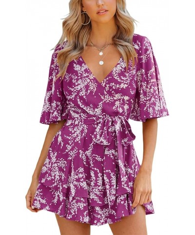 Summer Dress for Women Casual Floral Wrap V Neck Chiffon Blouses Skirt Flared Tops Ruffle Sun Flowy Mini Short Outfits Purple...