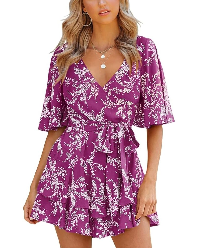 Summer Dress for Women Casual Floral Wrap V Neck Chiffon Blouses Skirt Flared Tops Ruffle Sun Flowy Mini Short Outfits Purple...