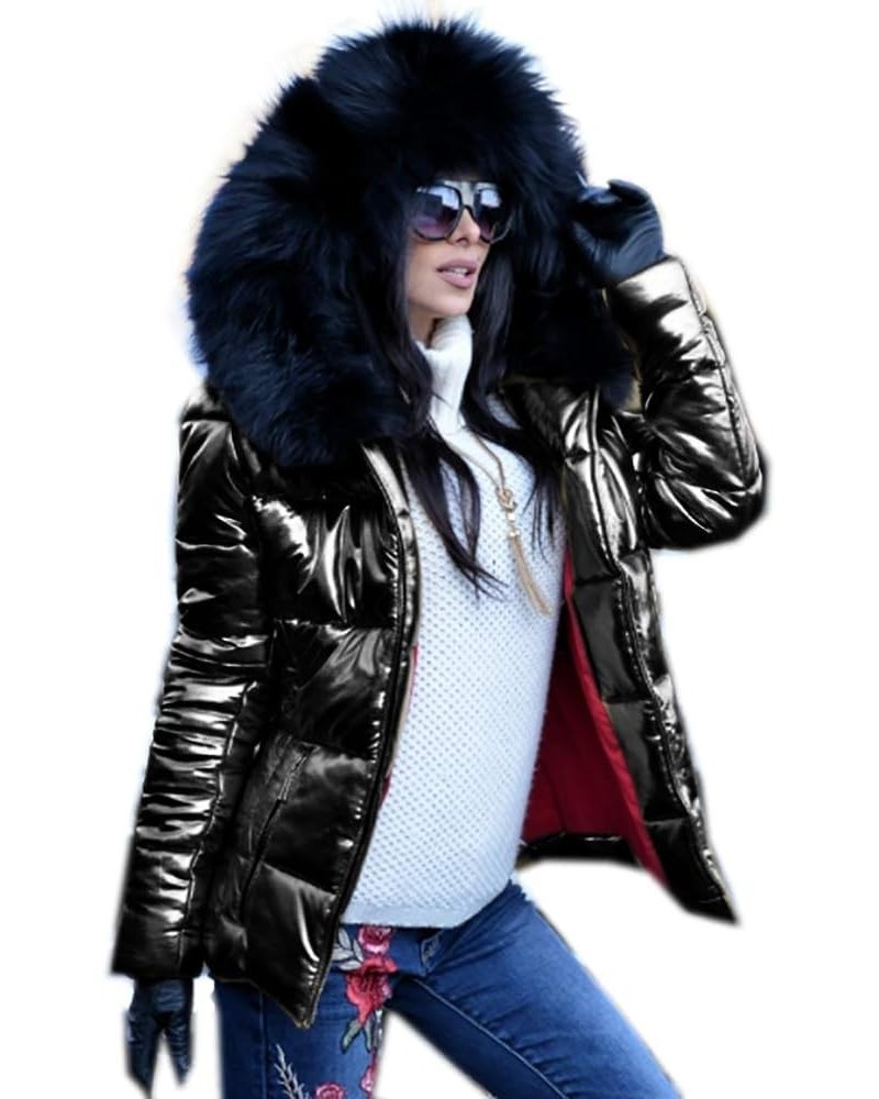 Women Winter Warm Down Jacket Thick Slim Flash Coat Down Outdoor Hood Parka Short Slim Jacket Black Black Fur $40.80 Jackets