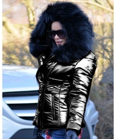 Women Winter Warm Down Jacket Thick Slim Flash Coat Down Outdoor Hood Parka Short Slim Jacket Black Black Fur $40.80 Jackets