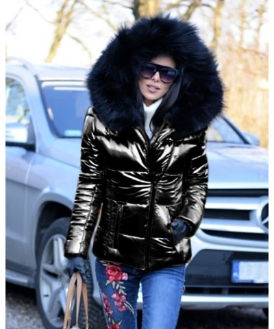 Women Winter Warm Down Jacket Thick Slim Flash Coat Down Outdoor Hood Parka Short Slim Jacket Black Black Fur $40.80 Jackets