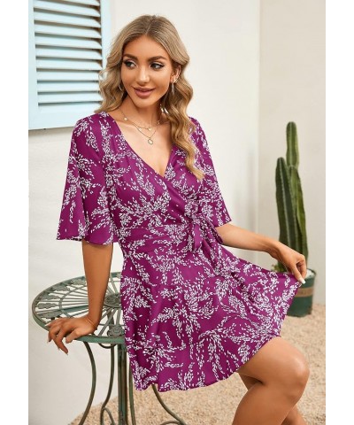 Summer Dress for Women Casual Floral Wrap V Neck Chiffon Blouses Skirt Flared Tops Ruffle Sun Flowy Mini Short Outfits Purple...