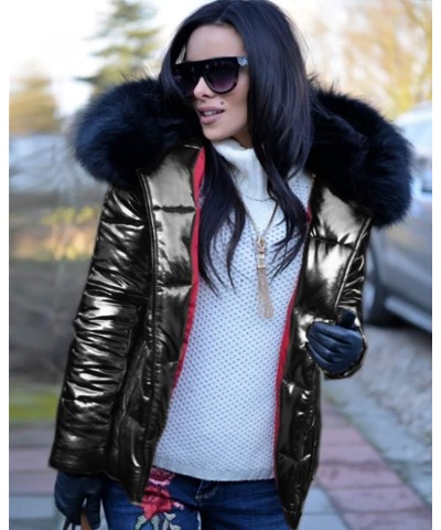 Women Winter Warm Down Jacket Thick Slim Flash Coat Down Outdoor Hood Parka Short Slim Jacket Black Black Fur $40.80 Jackets