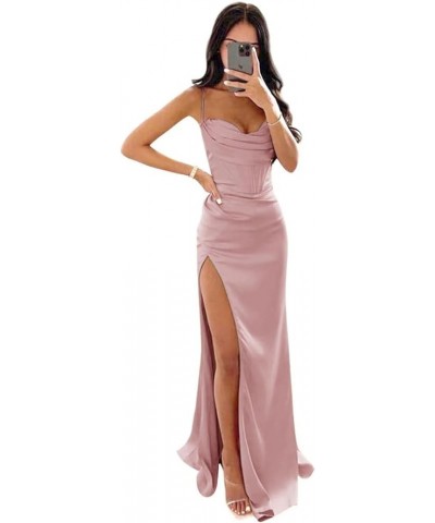 Satin Prom Dresses for Women Long 2024 Spaghetti Straps Mermaid Formal Evening Party Gown with Slit Dusty Rose $31.34 Dresses