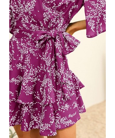 Summer Dress for Women Casual Floral Wrap V Neck Chiffon Blouses Skirt Flared Tops Ruffle Sun Flowy Mini Short Outfits Purple...