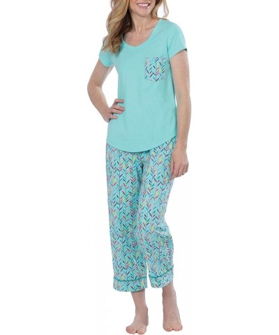 Womens PJs Sets - Ladies Pajamas Capris 100% Cotton Short Sleeve Teal $25.47 Sleep & Lounge