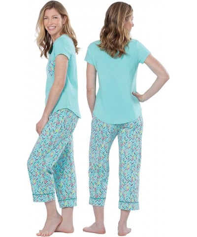 Womens PJs Sets - Ladies Pajamas Capris 100% Cotton Short Sleeve Teal $25.47 Sleep & Lounge