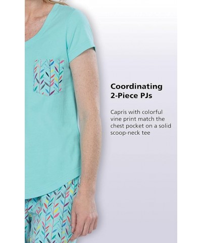 Womens PJs Sets - Ladies Pajamas Capris 100% Cotton Short Sleeve Teal $25.47 Sleep & Lounge