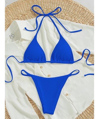 Women's Halter Tie Side Triangle Bikini Set high Cut 2 Piece Bikini Swimsuit Bathing Suit Royal Blue Solid $17.66 Swimsuits