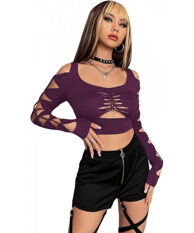 Women's Cut Out Twist Cold Shoulder Long Sleeve Crop Top T Shirt Dark Purple $8.99 T-Shirts