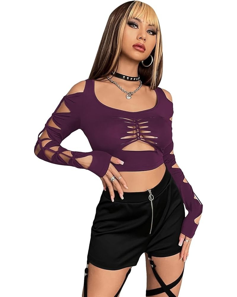 Women's Cut Out Twist Cold Shoulder Long Sleeve Crop Top T Shirt Dark Purple $8.99 T-Shirts