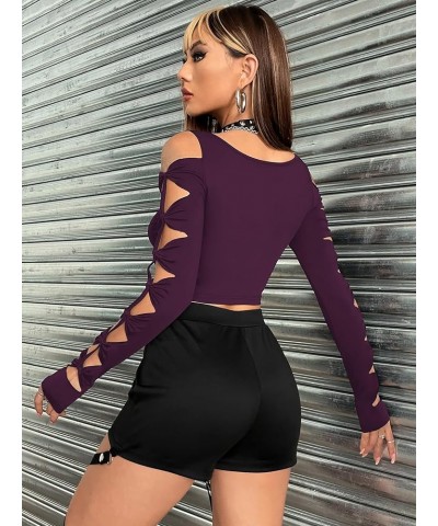 Women's Cut Out Twist Cold Shoulder Long Sleeve Crop Top T Shirt Dark Purple $8.99 T-Shirts