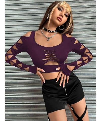 Women's Cut Out Twist Cold Shoulder Long Sleeve Crop Top T Shirt Dark Purple $8.99 T-Shirts