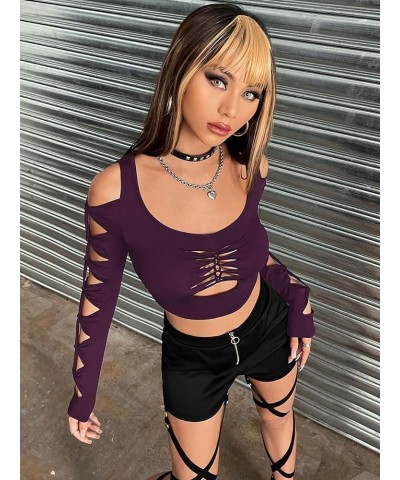 Women's Cut Out Twist Cold Shoulder Long Sleeve Crop Top T Shirt Dark Purple $8.99 T-Shirts