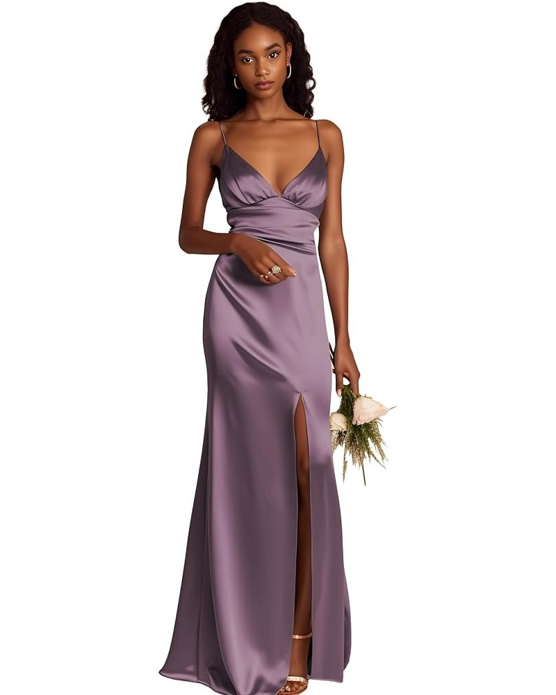 Spaghetti Straps Bridesmaid Dresses Long for Women A-Line Satin Formal Gown with Slit Wisteria $31.34 Dresses