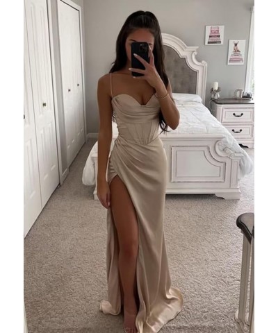 Satin Prom Dresses for Women Long 2024 Spaghetti Straps Mermaid Formal Evening Party Gown with Slit Dusty Rose $31.34 Dresses