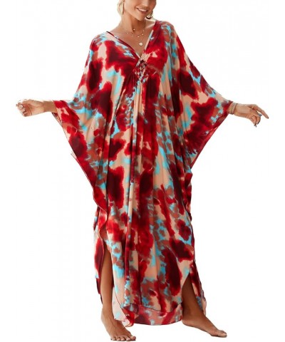 Kaftan Dresses for Women Stylish Caftans Plus Size Beach Cover up Soft Loungewear Red Halo Dyeing $14.96 Swimsuits