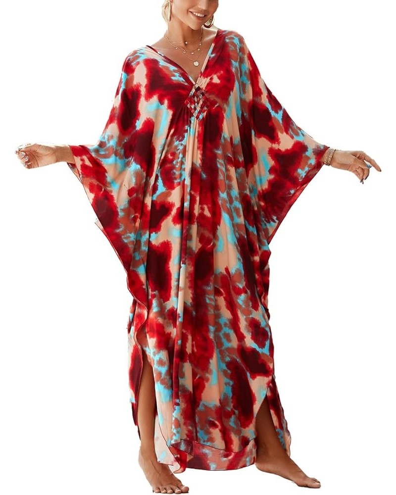 Kaftan Dresses for Women Stylish Caftans Plus Size Beach Cover up Soft Loungewear Red Halo Dyeing $14.96 Swimsuits