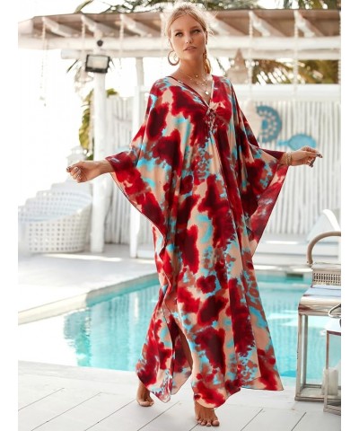 Kaftan Dresses for Women Stylish Caftans Plus Size Beach Cover up Soft Loungewear Red Halo Dyeing $14.96 Swimsuits