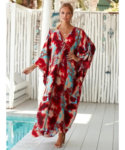 Kaftan Dresses for Women Stylish Caftans Plus Size Beach Cover up Soft Loungewear Red Halo Dyeing $14.96 Swimsuits