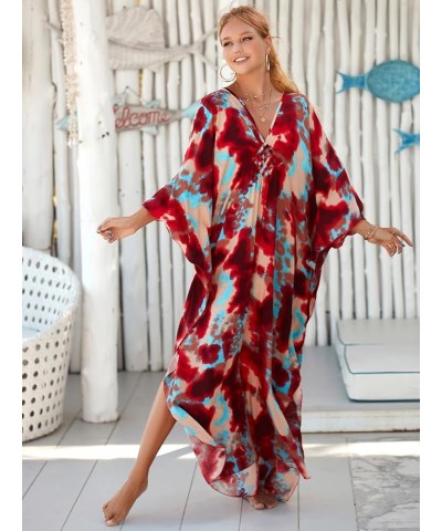 Kaftan Dresses for Women Stylish Caftans Plus Size Beach Cover up Soft Loungewear Red Halo Dyeing $14.96 Swimsuits