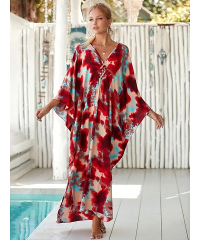 Kaftan Dresses for Women Stylish Caftans Plus Size Beach Cover up Soft Loungewear Red Halo Dyeing $14.96 Swimsuits