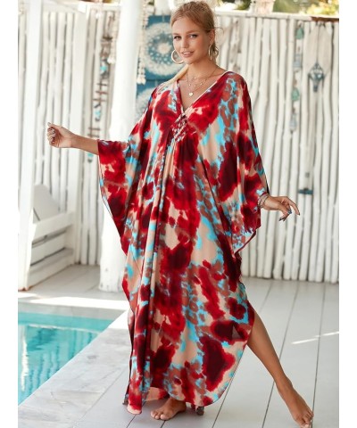 Kaftan Dresses for Women Stylish Caftans Plus Size Beach Cover up Soft Loungewear Red Halo Dyeing $14.96 Swimsuits