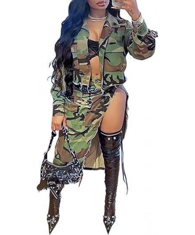 Camouflage 2 Piece Outfits for Women Sexy Cropped Jacket Camo High Slit Maxi Skirt Set S390830-green $22.05 Suits