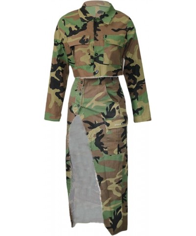 Camouflage 2 Piece Outfits for Women Sexy Cropped Jacket Camo High Slit Maxi Skirt Set S390830-green $22.05 Suits