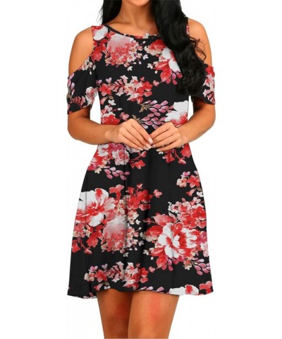 Women's Short Sleeve Cold Shoulder Tunic Top Swing T-Shirt Loose Dress with Pockets Red Flower $11.19 Dresses