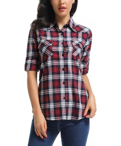 Women's Roll Up Sleeve Button Down Plaid Flannel Shirt Fitted Casual Tops M039 Red Grid $9.38 Blouses