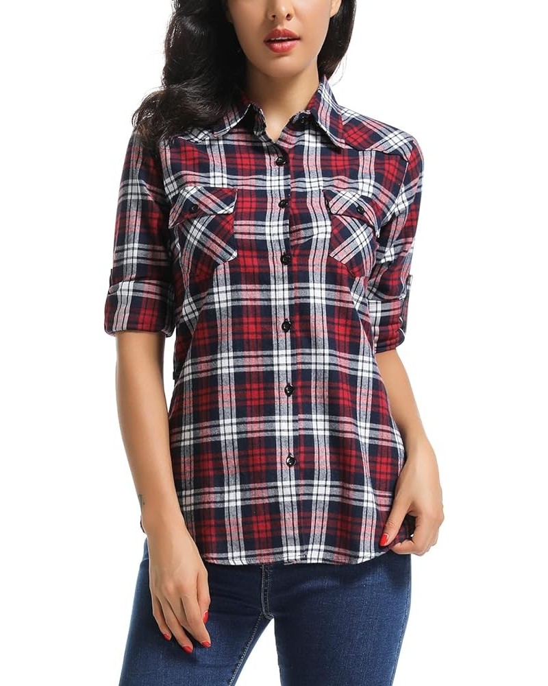 Women's Roll Up Sleeve Button Down Plaid Flannel Shirt Fitted Casual Tops M039 Red Grid $9.38 Blouses