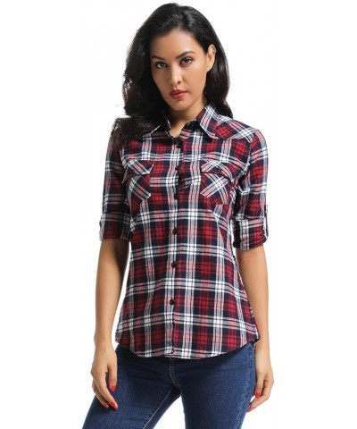 Women's Roll Up Sleeve Button Down Plaid Flannel Shirt Fitted Casual Tops M039 Red Grid $9.38 Blouses