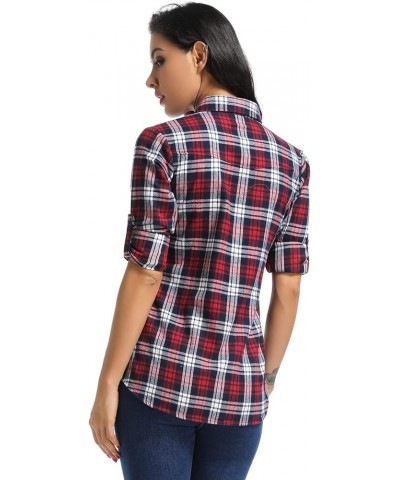 Women's Roll Up Sleeve Button Down Plaid Flannel Shirt Fitted Casual Tops M039 Red Grid $9.38 Blouses