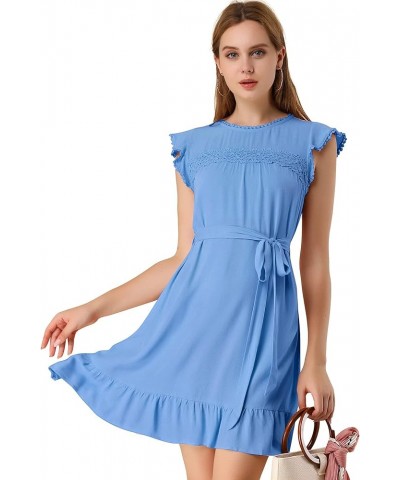 Women's Ruffle Sleeve Round Neck Tie Belt Crochet A-Line Flowy Short Dress Blue $17.48 Dresses