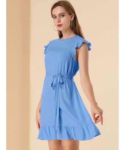 Women's Ruffle Sleeve Round Neck Tie Belt Crochet A-Line Flowy Short Dress Blue $17.48 Dresses