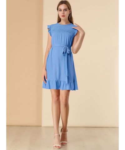 Women's Ruffle Sleeve Round Neck Tie Belt Crochet A-Line Flowy Short Dress Blue $17.48 Dresses