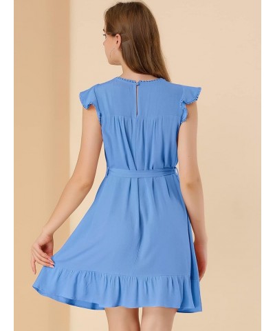 Women's Ruffle Sleeve Round Neck Tie Belt Crochet A-Line Flowy Short Dress Blue $17.48 Dresses