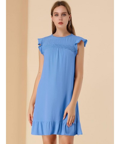 Women's Ruffle Sleeve Round Neck Tie Belt Crochet A-Line Flowy Short Dress Blue $17.48 Dresses